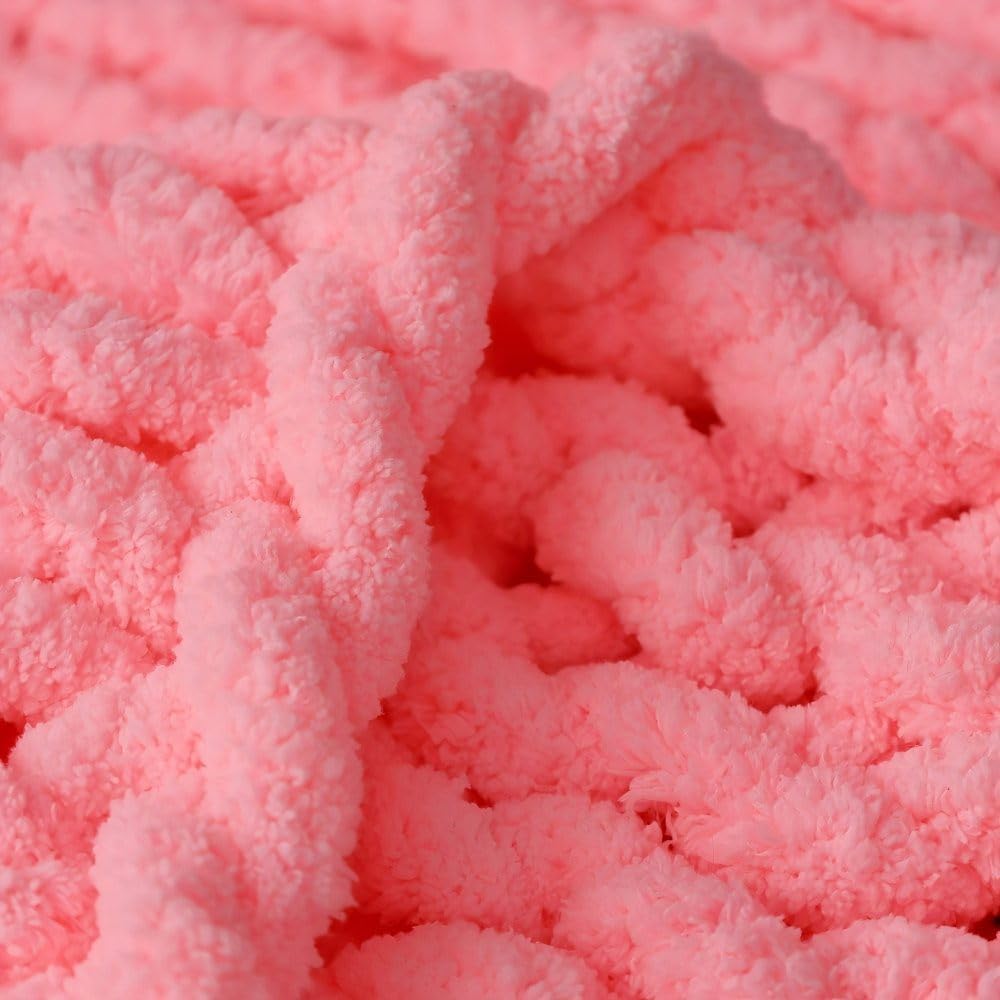 Handmade Chunky Knit Blanket, Cosy Chenille Throw (Pink,Throw (50" x 60"))