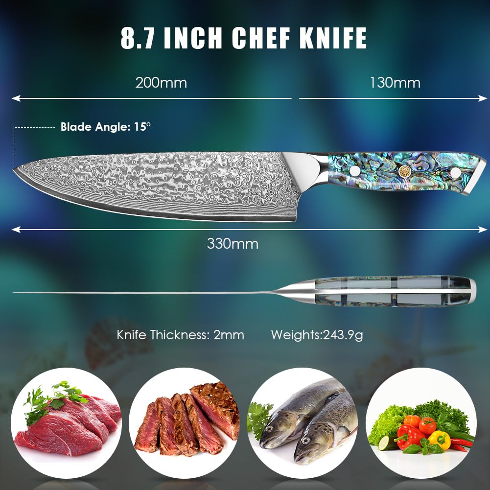 Home Safety Coltello Damasco da Chef con Lama Estremamente Affilata da 20 cm in 67 Strati di Acciaio Damasco VG-10 Coltello da Cucina Damasco da Carne, Manico in Abalone, Confezione Regalo