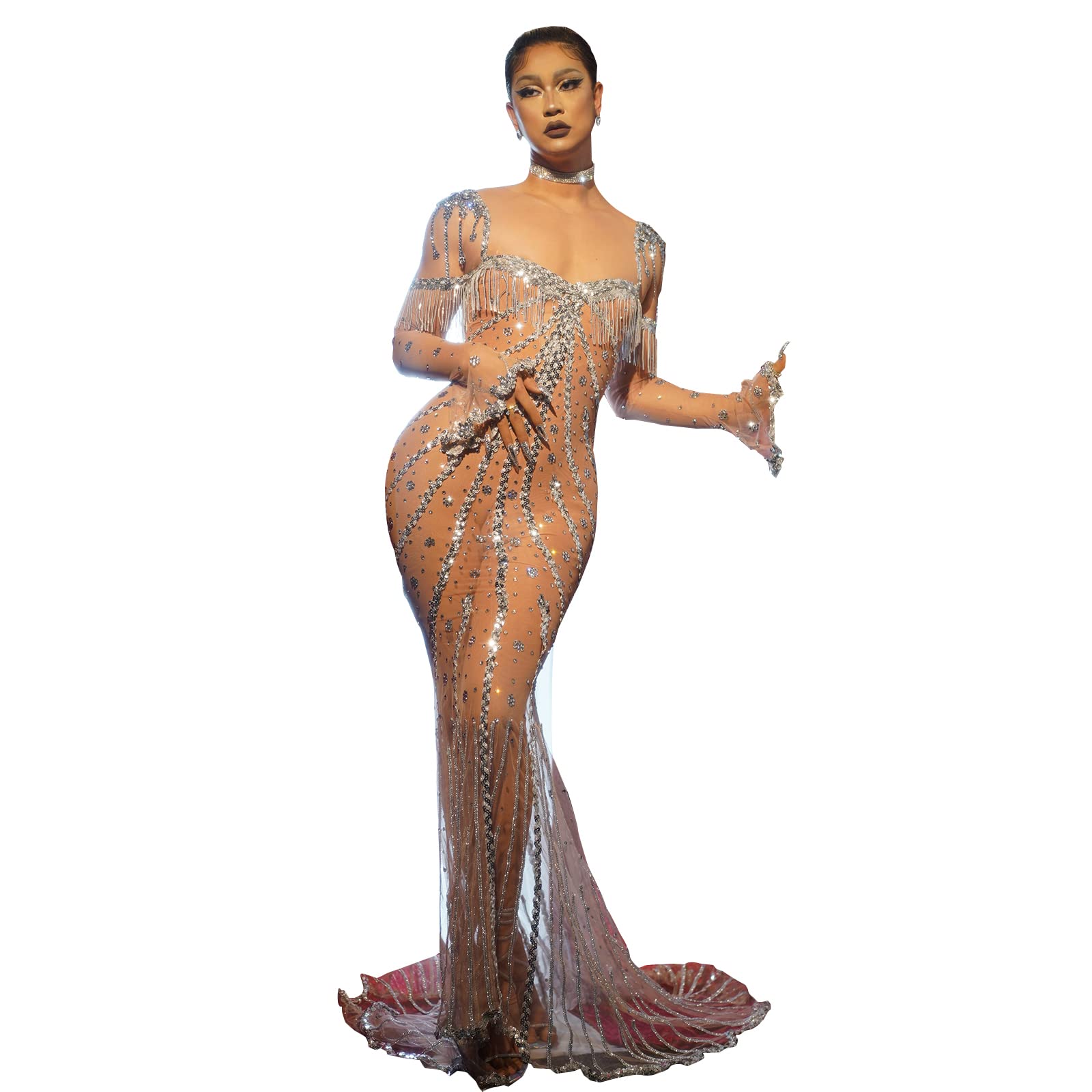 Fashion See Through Dress Sexy Mesh Rhinestones Sequin Dress