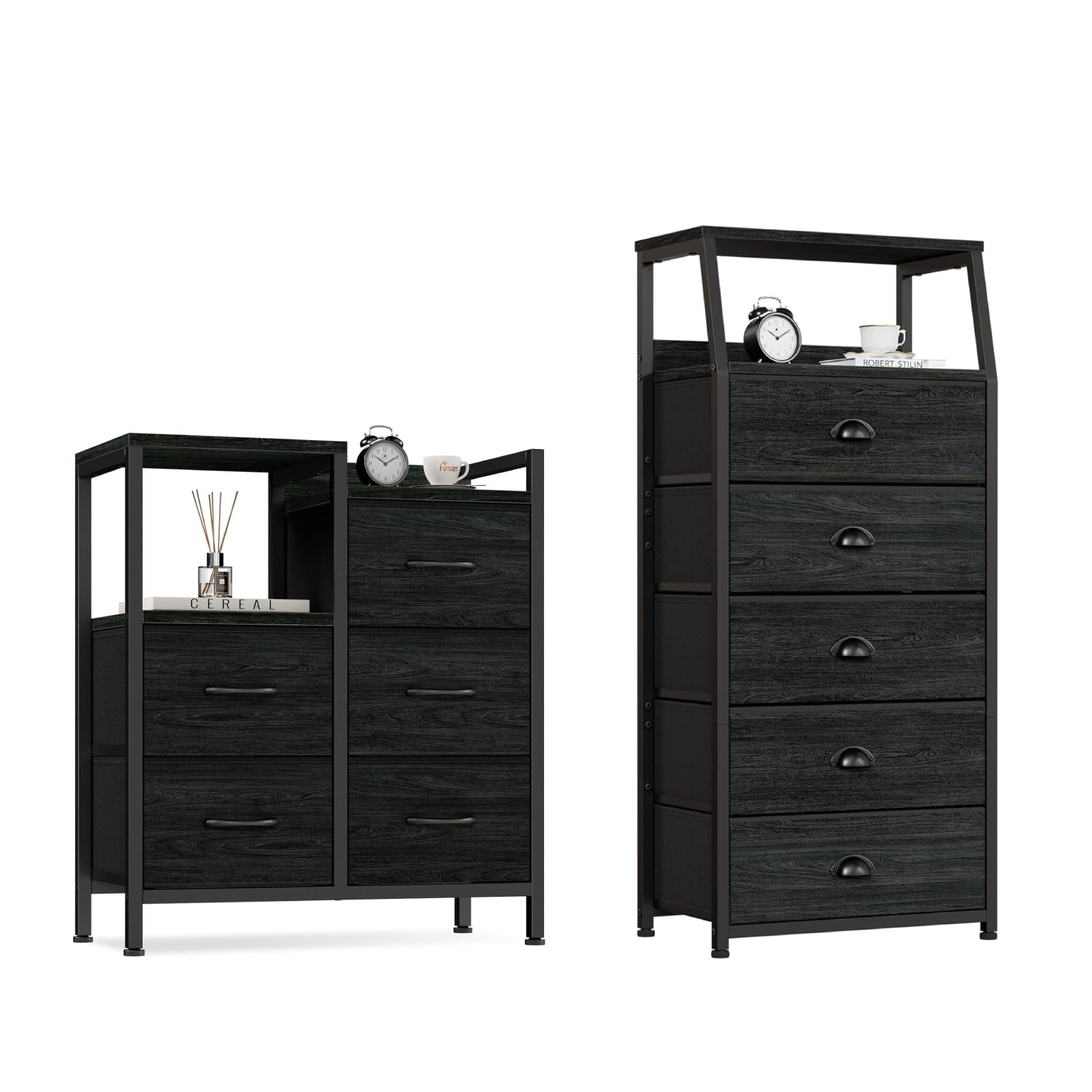 Furnulem Dresser for Bedroom with 5 Fabric Drawers with 2-Tier Storage Shelf for Bedside,Closet,Entryway,Living Room,Nursery - Sturdy Frame & Wooden Top(Black Oak)
