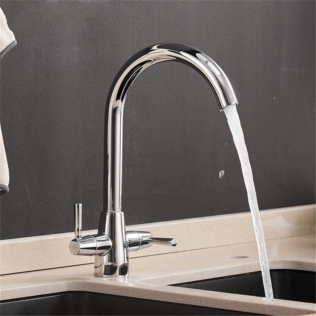 VDOQTLJT Kitchen Faucets Brass Material Double Handle Sink Tap with Aerator Crane Mixer 360 Swivel Deck Mounted Torneira Black(Cromo)