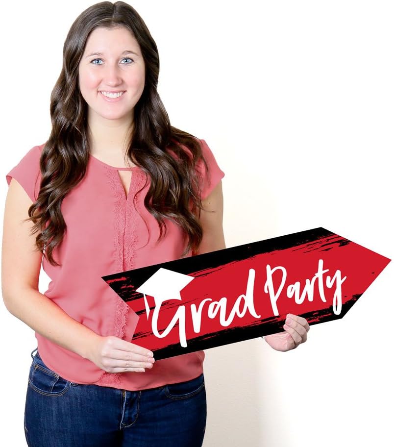 Big Dot of Happiness Red Graduation Party Sign Arrow - Double Sided Directional Yard Signs - Set of 2