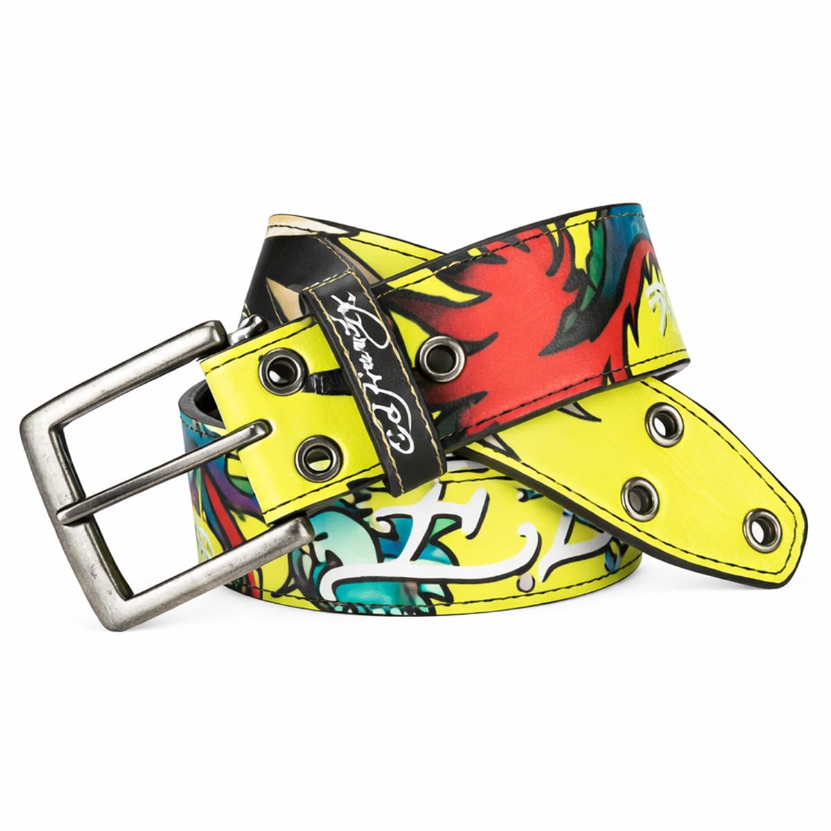 ED HARDY Men's Lime Dragon Tattoo Print Rivet Studs Belt, Green, 36
