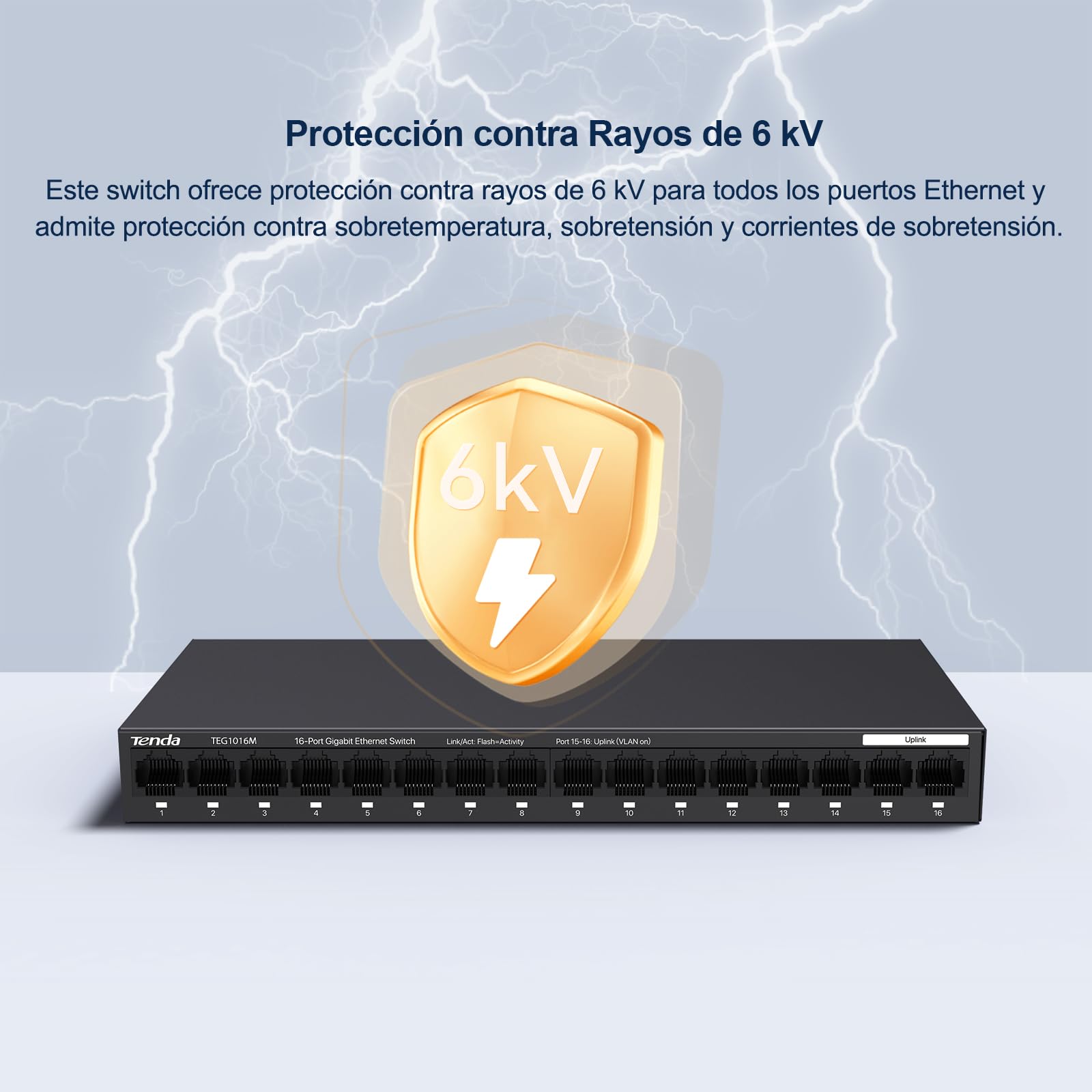 Tenda TEG1016M Switch Ethernet Gigabit, 16 Puerto 10/100/1000Mbps, Una Clave Vlan,Protección contra Rayos, Escritorio o de Montaje en Pared, Plug & Play, No Requiere Configuración, Silencio, Metal