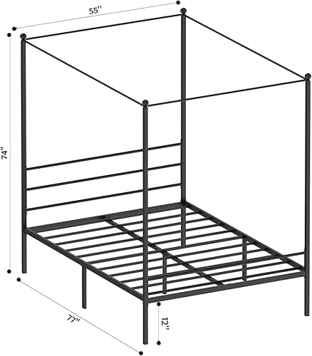 Miniatura 15 de JOM Marco de cama con dosel, tamaño individual, metal negro, 4 pósteres, marco de cama individual, esquina moderna con cabecero para niñas y niños