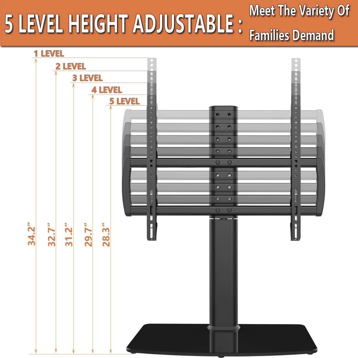 Universal Swivel TV Stand/Base Table Top TV Stand 40 to 86 inch TVs 110 Degree Swivel, 5 Level Height Adjustable, Heavy Duty Tempered Glass Base, Holds up to 132lbs Screens, HT04B-003 : Electronics