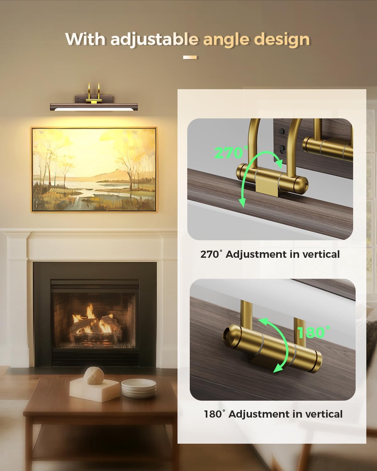 Picture Light, 12.6″ Wireless Battery Operated Rechargeable LED Wall Light with Remote, Dimmable Art Light with Timer, Adjustable Design, Wood Grain and Gold Finish for Frames and Bedroom Decor