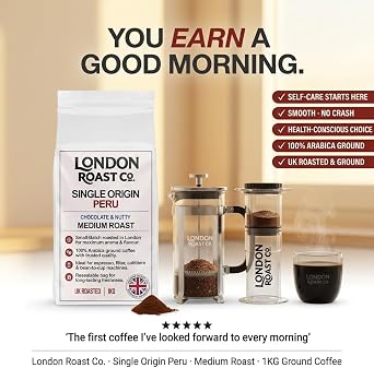 London Roast Co. Single Origin Peru Ground Coffee 1kg – Medium Roast 100% Arabica Coffee – Smooth Chocolate & Nutty Notes – Small Batch London Roasted – Ideal for Cafetière, Filter & Espresso