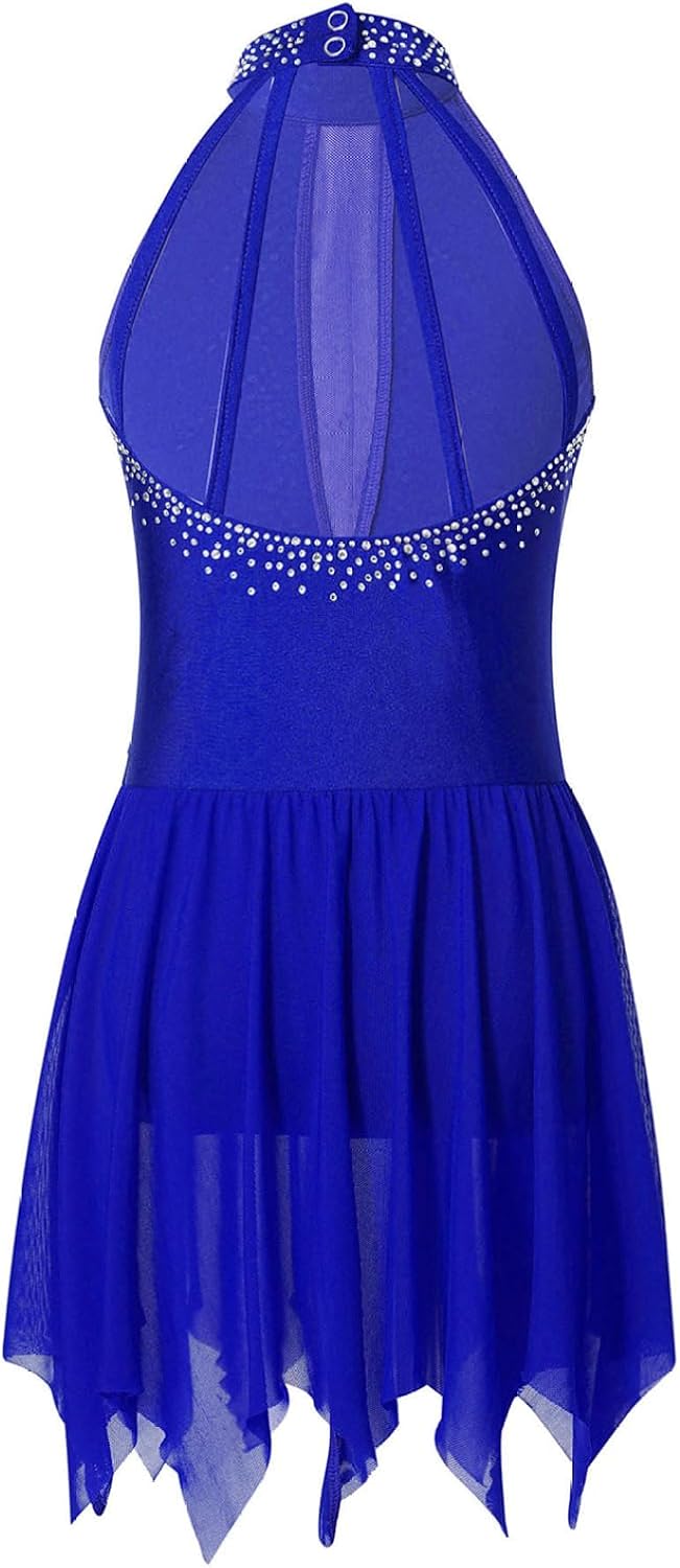 Girls Sleeveless Ice Skating Dress Sparkly Diamond Ballet Dance Leotard with Ruffle Hem Performance Dress