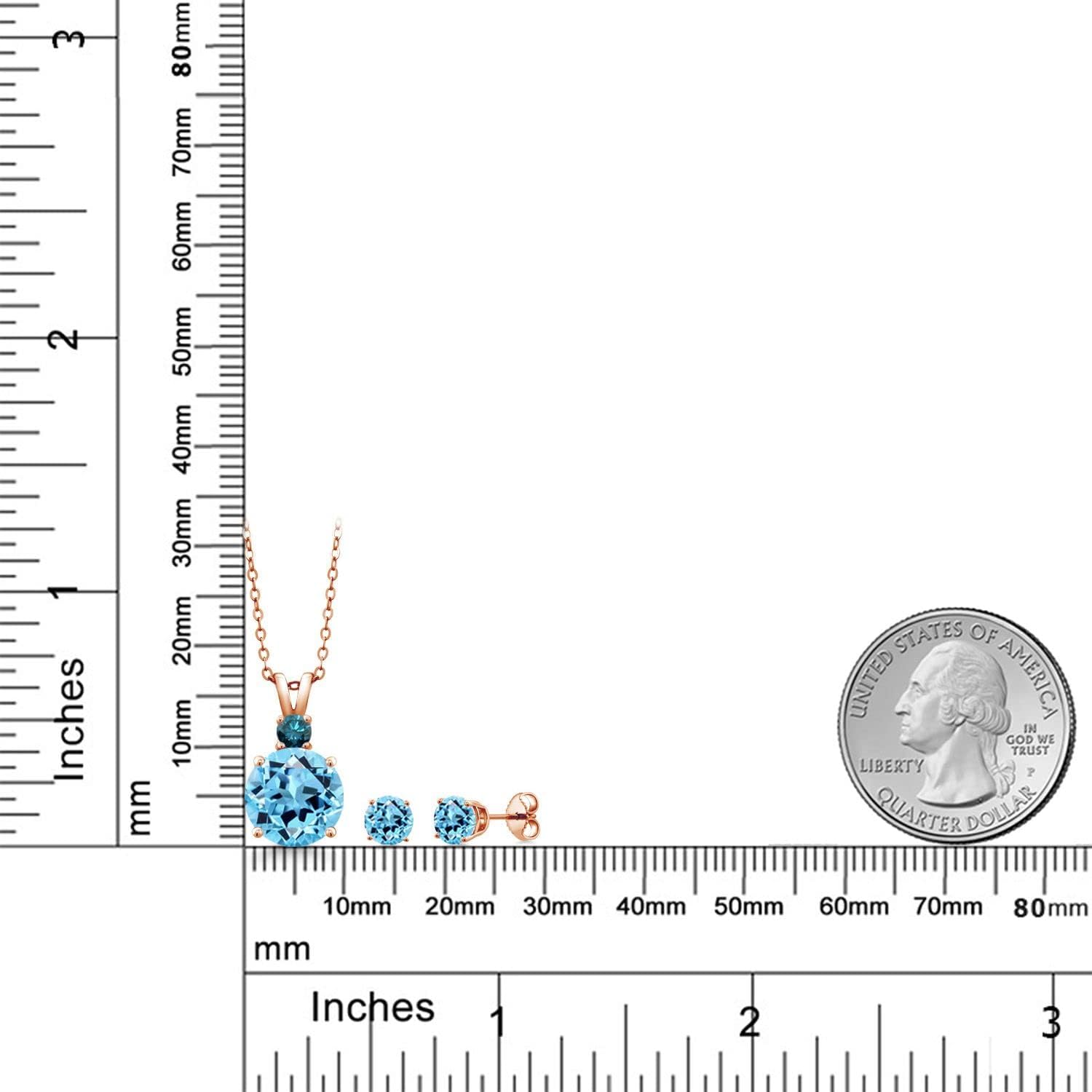 Gem Stone King 18K Rose Gold Plated Silver Round Swiss Blue Topaz and Blue Diamond Pendant and Earrings Jewelry Set For Women (6.01 Cttw, Gemstone Birthstone, with 18 Inch Chain) - Image 2