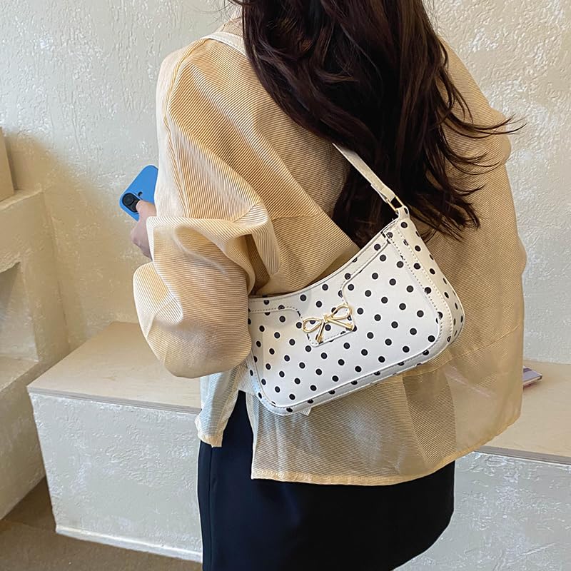 Borsa a tracolla da donna in poliuretano, stile retrò, a pois, con | EcoGleam Borsa a tracolla in poliuretano, stile retrò, a pois, con tasca, fiocco, tracolla imbottita, grande capacità