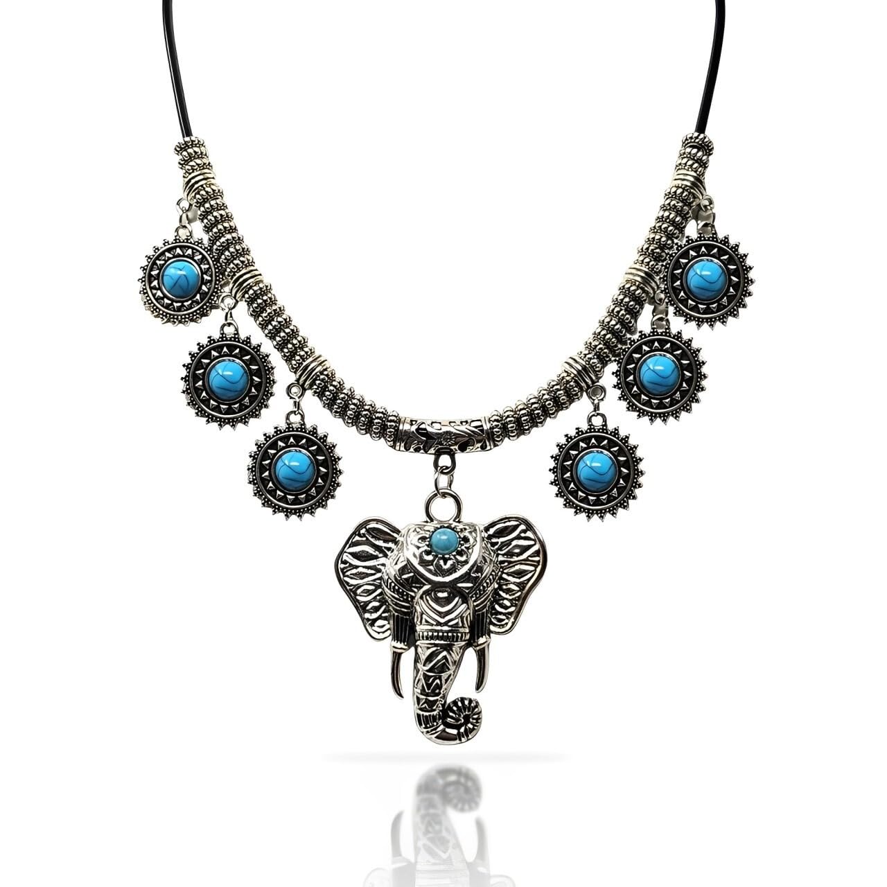 Vintage Bohemian Silver Elephant Pendant Turquoise Necklace for Women - Ethnic Chunky Statement Jewelry with Adjustable Chain - Western Style Holiday & Streetwear, Zinc, No Gemstone,