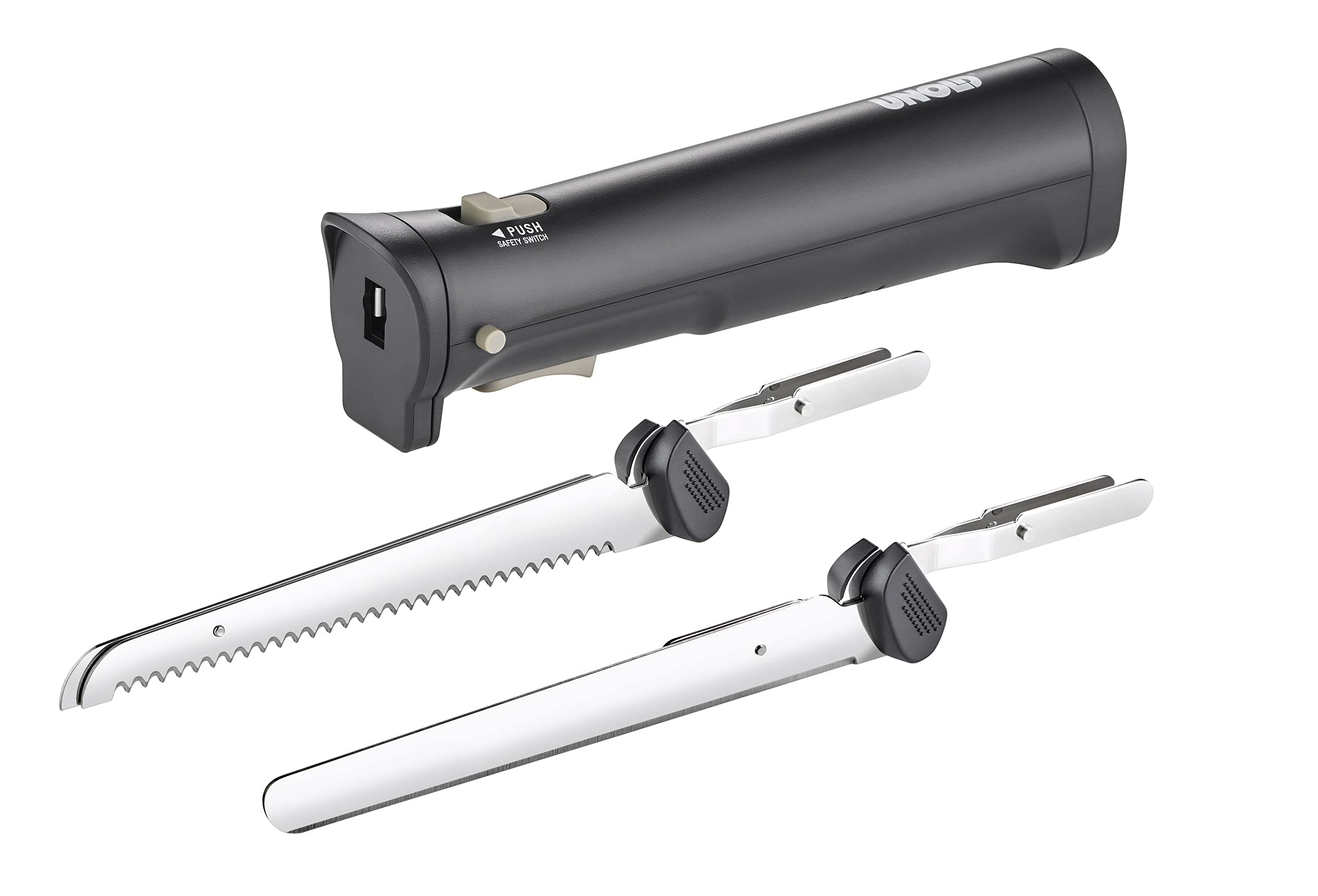 Unold 78815 Coltello elettrico senza fili con due coltelli intercambiabili in acciaio inox per pane, verdure, carne o pesce, durata della batteria di 45 minuti, senza fili – per una