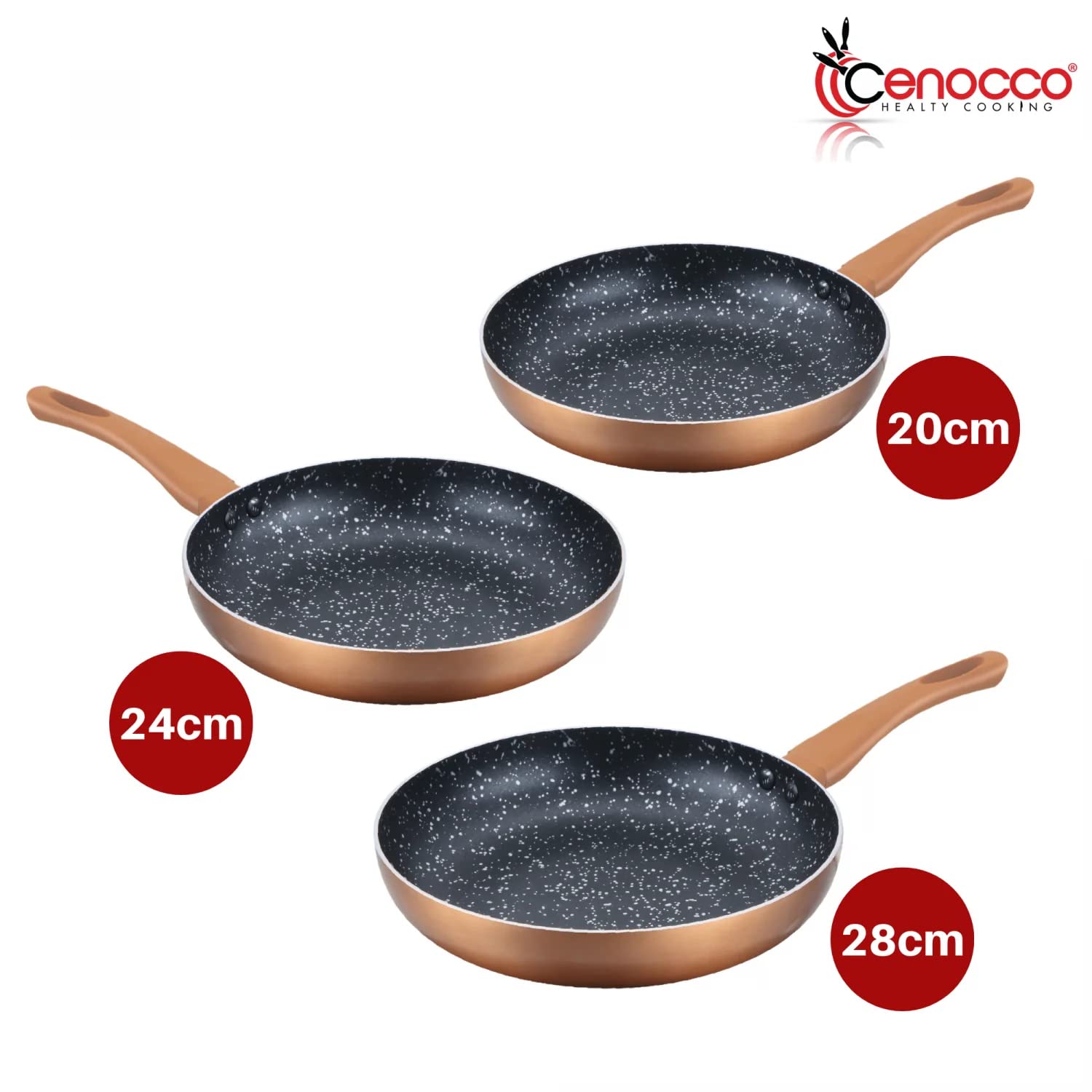 Cenocco CC-2001 Set of 3 Stone Frying Pans for All Heat Sources Including Induction 20/24/28 cm Red, normal - Image 3