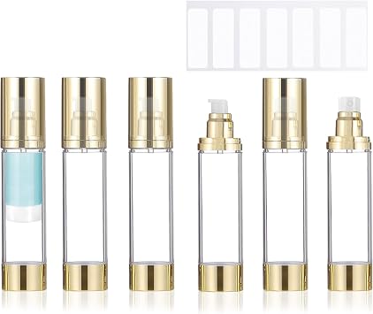6Pcs 1.7oz/50ml Airless Pump Bottle Dispenser, Clear Empty Shampoo Bottles, Travel Lotion Container with Labels for Foundations Cream Serums Shampoo Gold