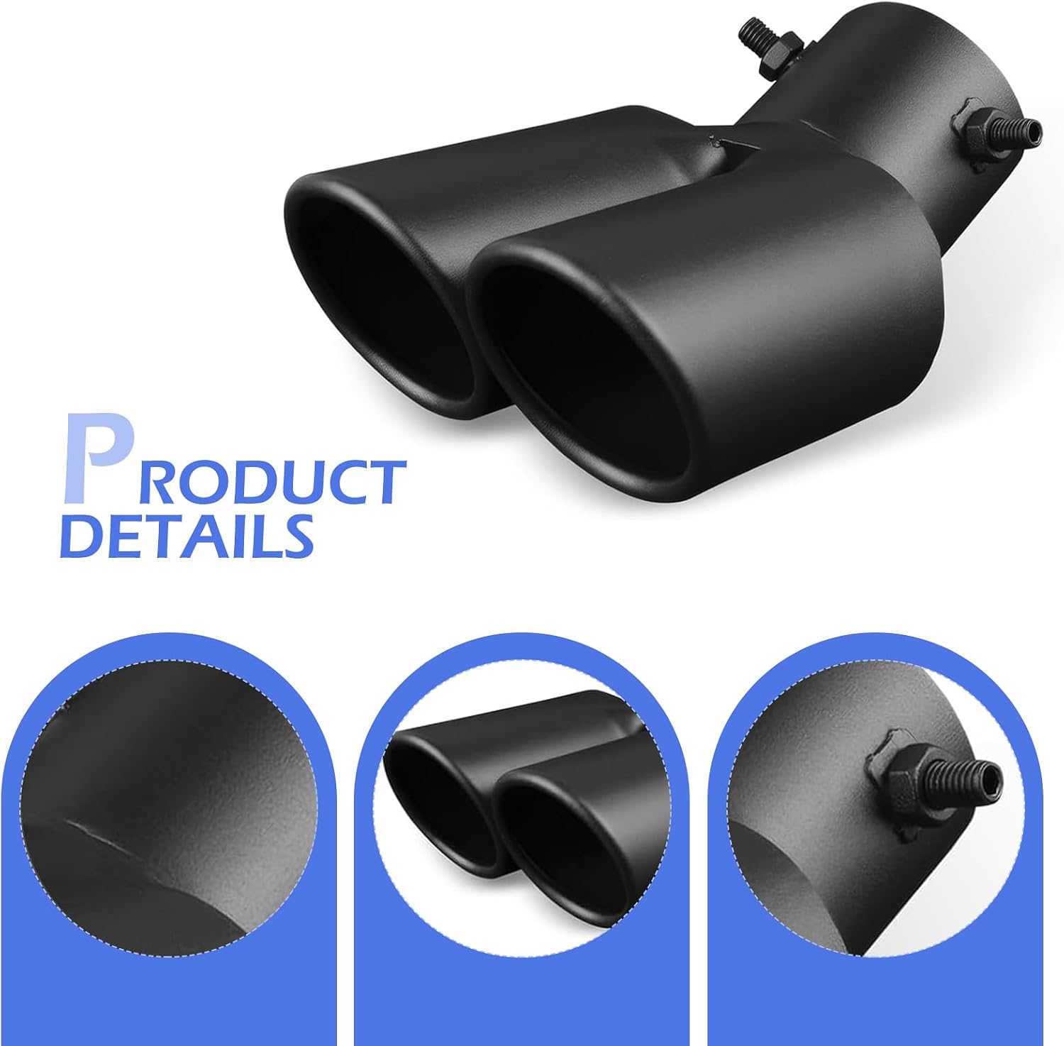Exhaust Tip, Double-tube Reduce Noise Stainless Steel Bending Exhaust with Bolt, 2.5" Rust-proof Anti-collision Muffler Tip, Universal Pipe Modification Accessory (Black)