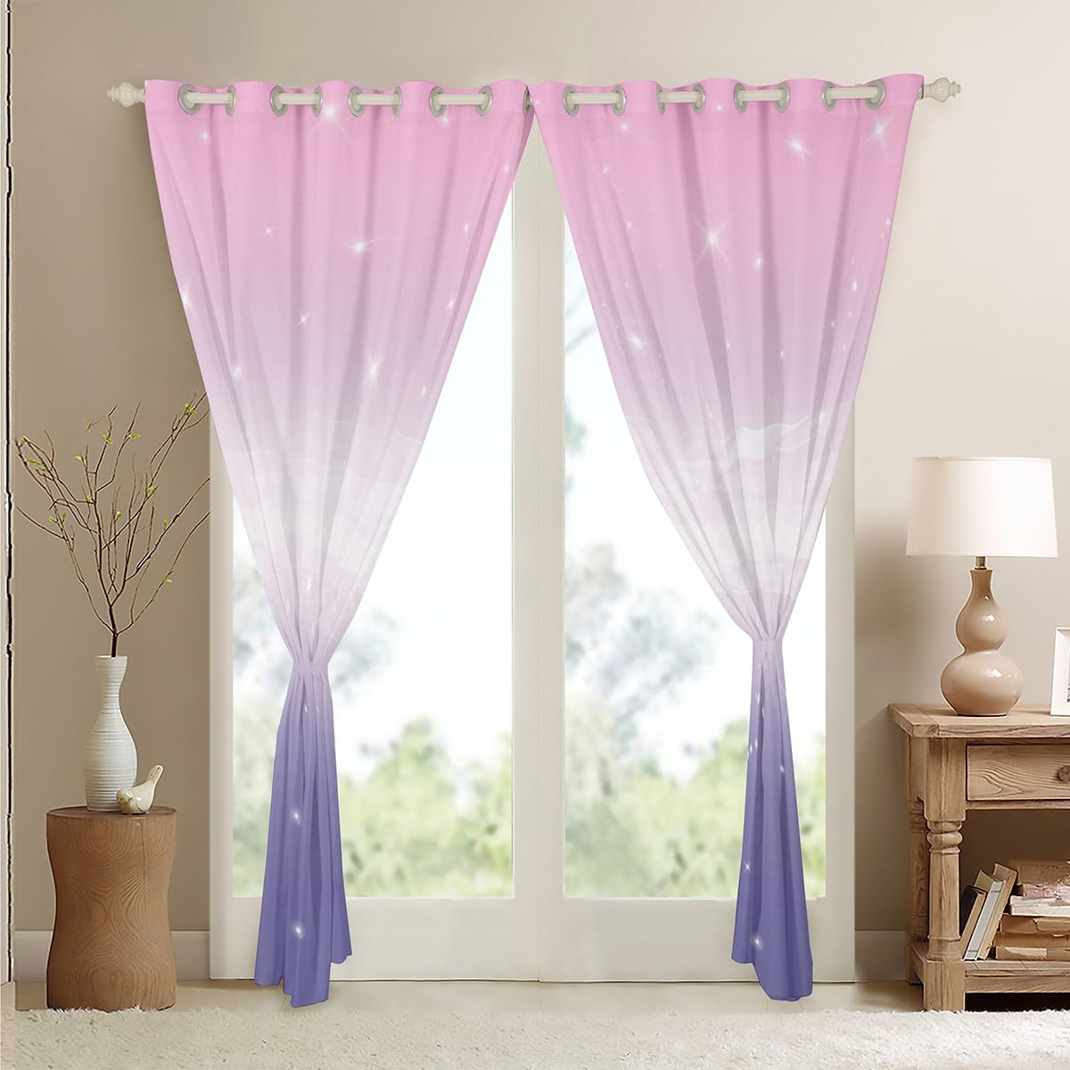 Homemissing Girls Curtains for Bedroom Living Room Pink Purple Rainbow 30%-50% Blackout Curtains for Kids Colorful Ombre Window Drapes Glitter Window Treatments W52*L90 - Image 4