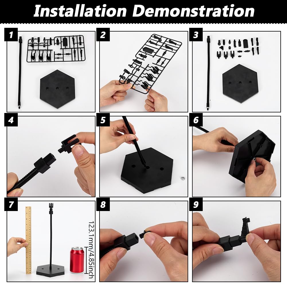 FINGERINSPIRE 2Sets Adjustable Snake Bones Action Figure Stand Black Assembly Action Figures Display Holder with Hexagon Base Plastic Model Support Stands Miniature Model Bases for HG RG SHF Figures - Image 3