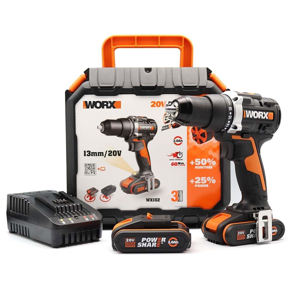 WORX Taladro atornillador Brushless 20V | PowerShare | WX102-2 baterías 2Ah, cargador y maletín | motor sin escobillas, portabrocas metálico | 2 velocidades, carcasa de engranajes metálica