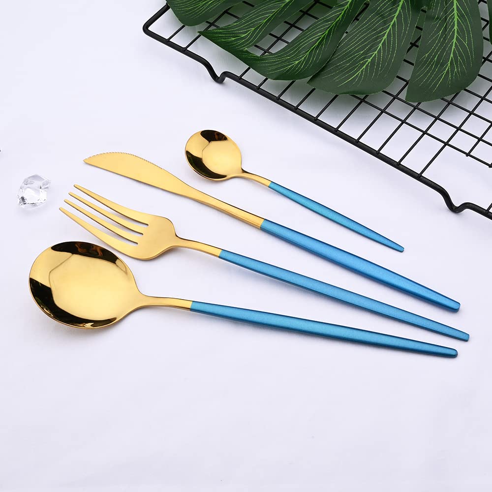 BRIIEC Flatware Silverware Set 24 Piece Stainless Steel Cutlery Set Luxury Blue and Mirror Gold,Includes Fork Spoon Knife & Teaspoon, Service for 6 - Blue & Gold