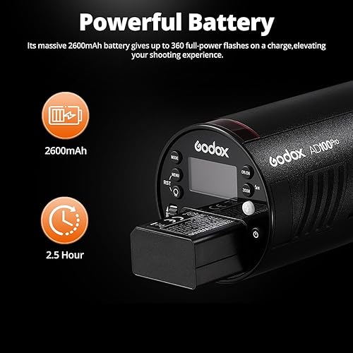 Miniatura 5 de Godox AD100Pro Flash 100Ws TTL 2.4G HSS 1/8000s Pocket Flash Light con 7.2V/2600mAh Batería de litio 360 Full Power Flashes 0.01-1.5s