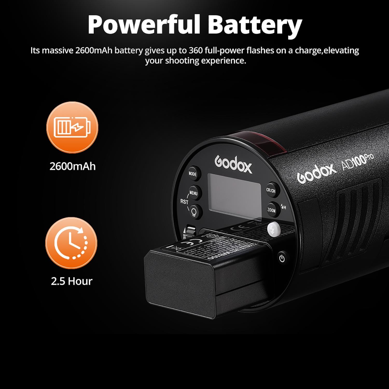 Godox AD100Pro AD100 PRO 100Ws TTL 2,4G HSS 1/8000s torcia tascabile con batteria al litio 7,2V/2600mAh 360 flash con piena potenza 0,01-1,5s