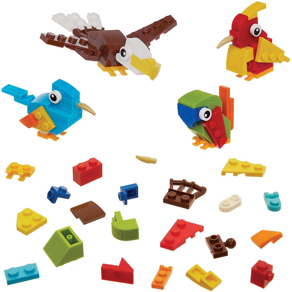 Baker Ross VC230 Birds Building Brick Kits - Pack of 4, Mini Bird Brick Model Sets