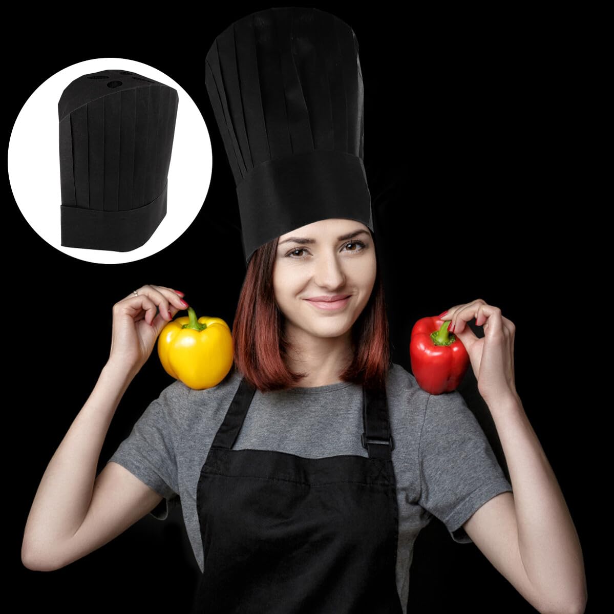 Abaodam Gorro de Chef Desechable de Papel Negro, 12 Pulgadas Alto, Cómodo y Respetuoso Piel, Adecuado para Cocina y Escuelas de Catering, Paquete de 20 Unidades