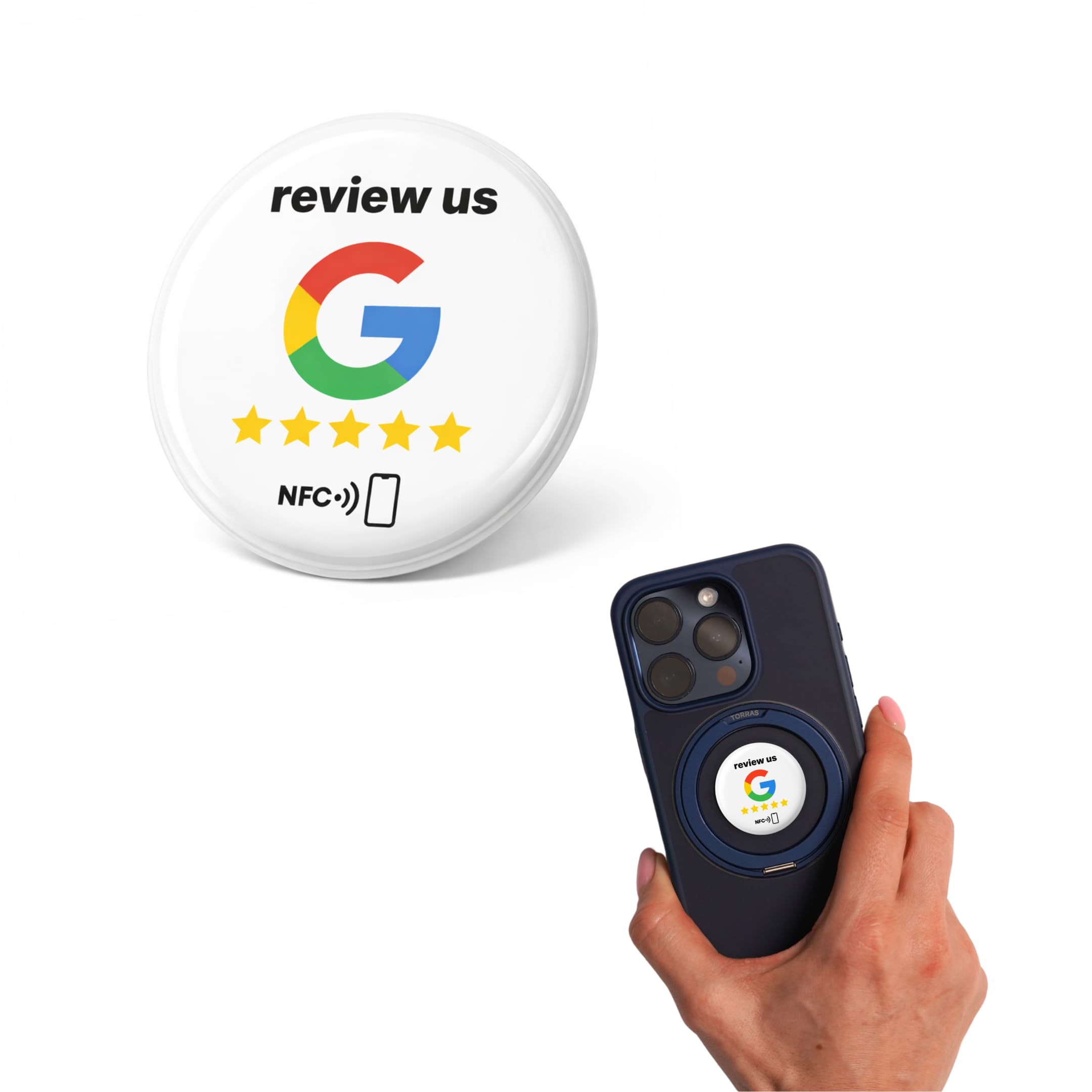 10 adesivi NFC "review us" – tag per Google Reviews – 3 cm, auto-programmabili, forte adesione – riutilizzabili e senza contatto – aumenta le valutazioni in più posizioni