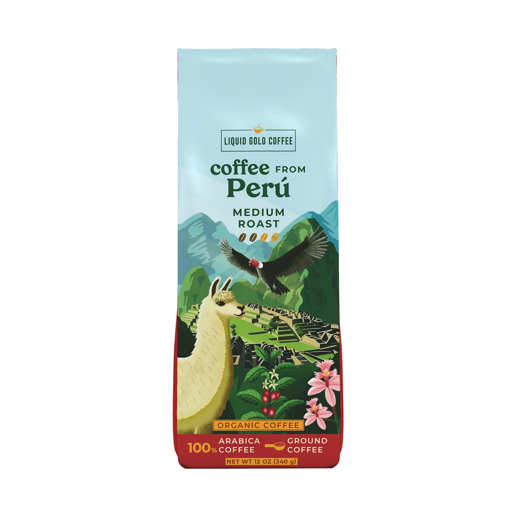 Organic Coffee from Peru Medium Roast Ground, by Liquid Gold Coffee, 1 Bag 12 oz (340 Grams), Fairtrade, Single Origin Specialty Coffee From El Palto