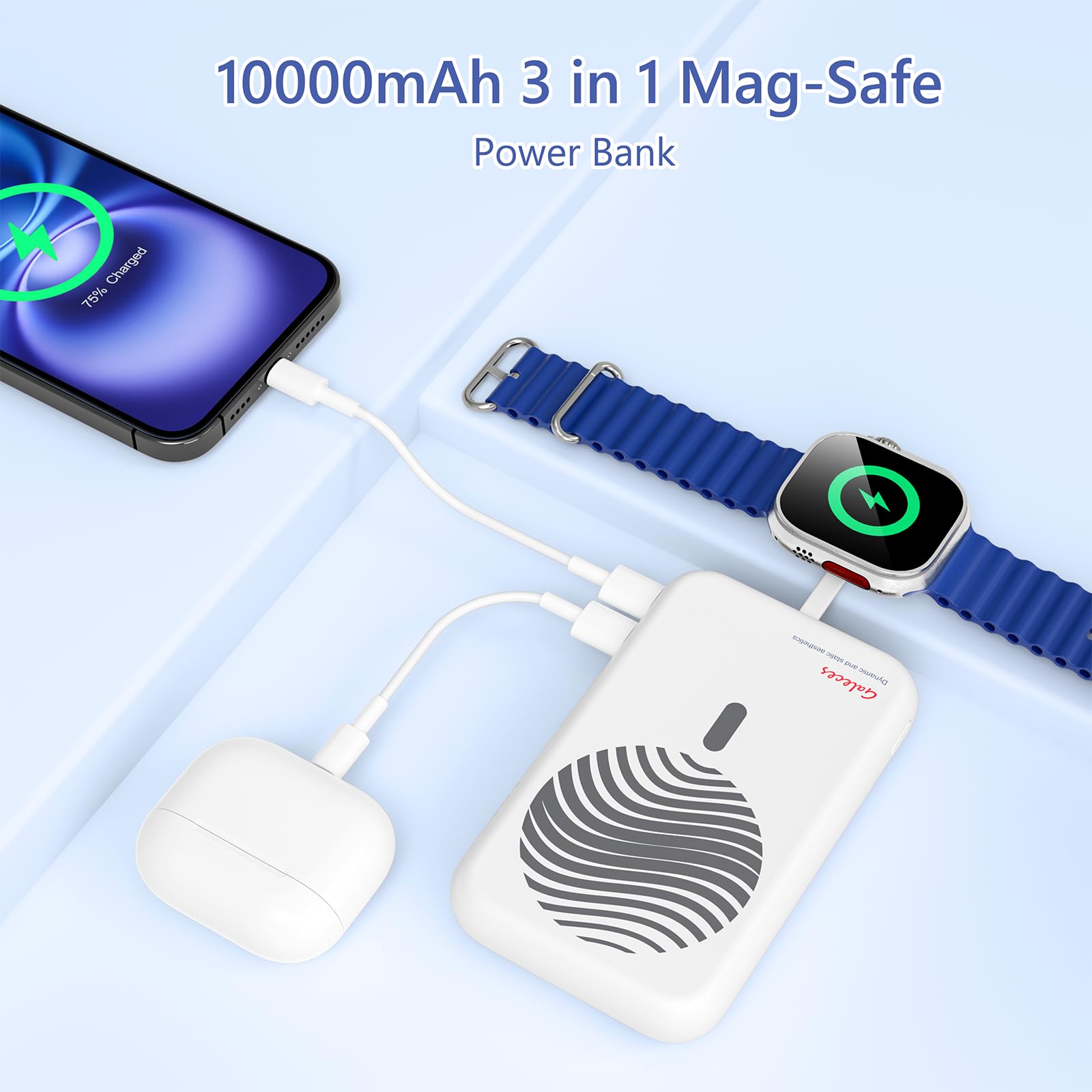 Portable Charger for iPhone & Apple Watch,10000mAh Travel Battery Pack for Magsafe PD20W Fast Charging Powerbank,with USB C in & out and LED Display Power Bank for iPhone16/15/14/13/12(White)