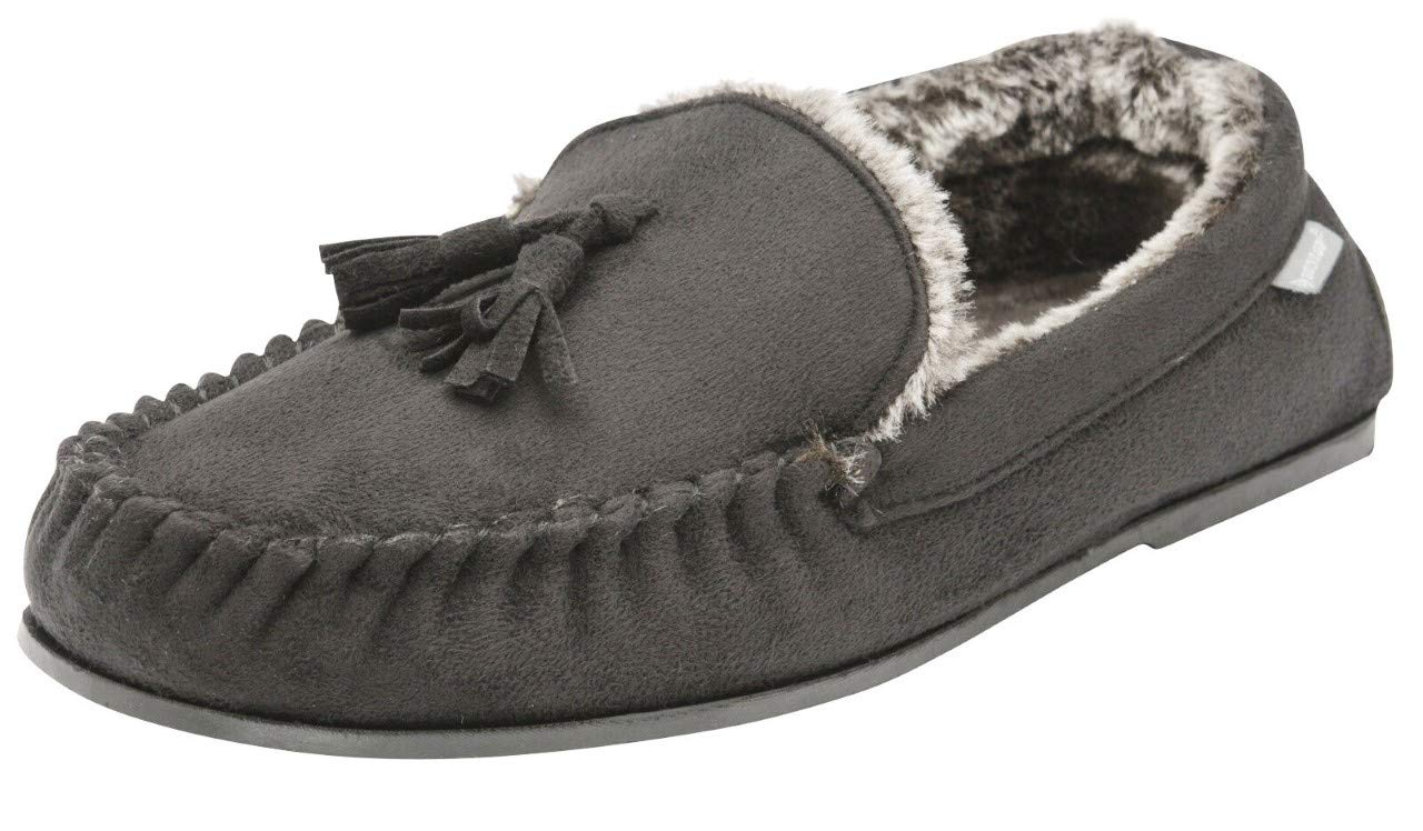 DUNLOPMens Duke Moccasin Slippers Loafers Faux Suede Soft Faux Fur Lining with Outdoor Sole