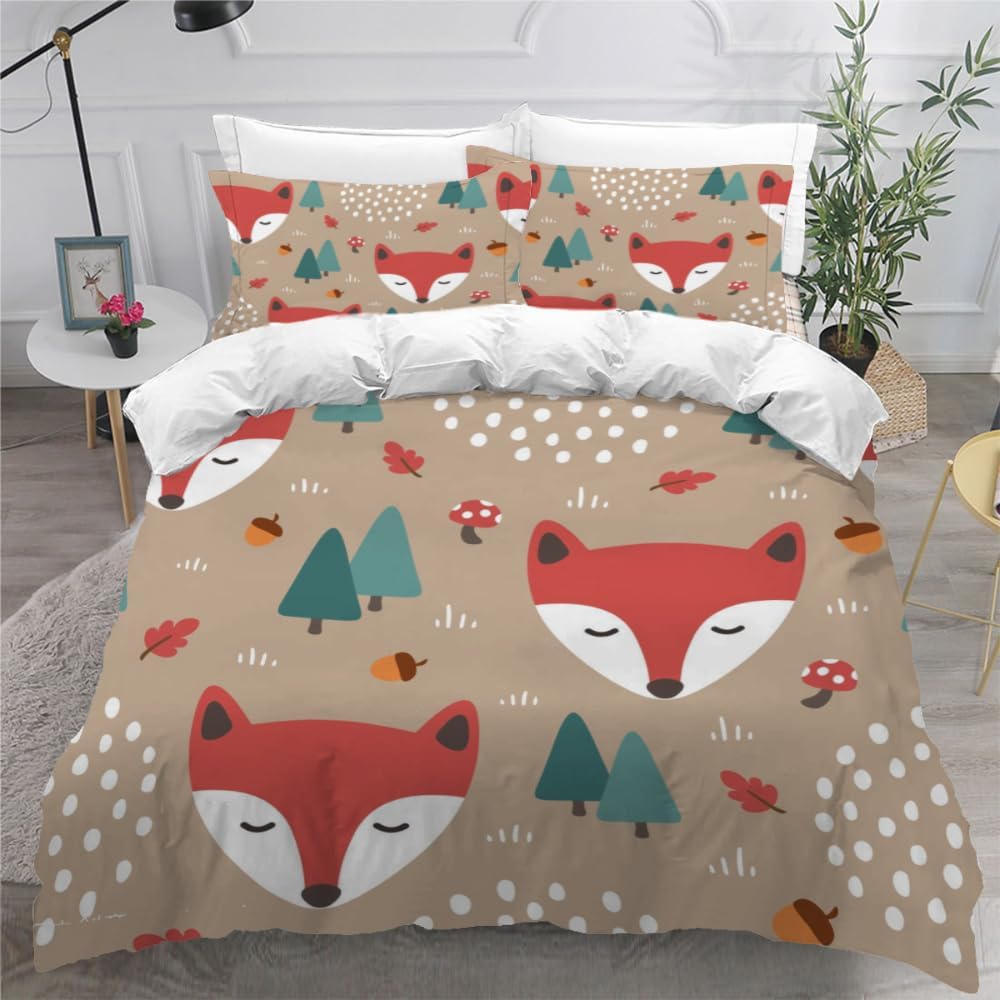 MEVASA King Bedding Set Fox 3d Printed Girls Boys Adults Soft Microfiber Fluffy Breathable Kingsize Duvet Cover Set Cute Cartoon Fox Bedding King Size with 2 Pillow Cases /230x220