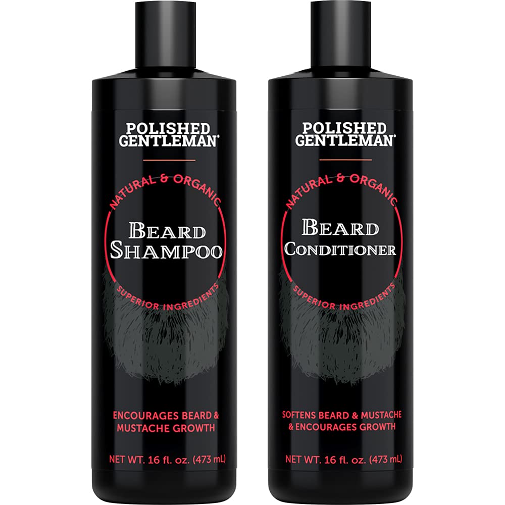 Beard Growth and Thickening Shampoo and Conditioner Set - Beard Care With Organic Beard Oil - Facial Hair Growth For Men - For Younger Looking Beard - Rapid Beard Growth (16 oz) - Made by USA