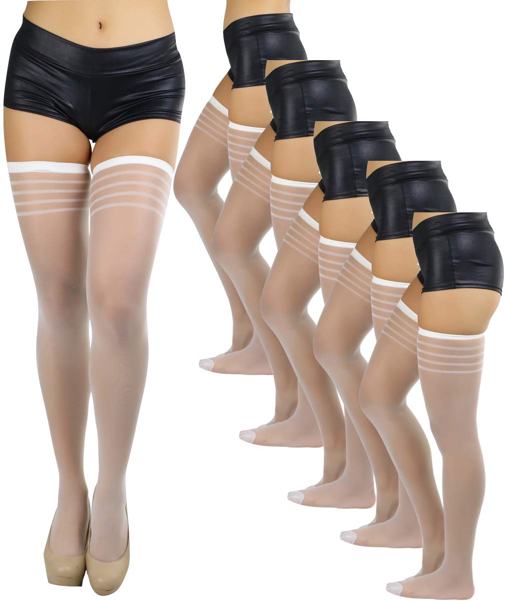 ToBeInStyle Women’s Pack of 6 Top Stripe Band Sheer Thigh High Stockings