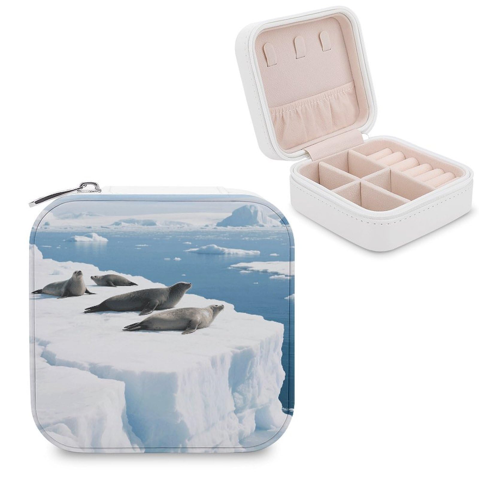 VstaDank Polar Seals Jewelry Organizer Travel Case for Women With Zipper Mini Jewelry Case PU Leather Jewelrys Box for Rings Necklaces Bracelets Earring Holder Organizer Storage
