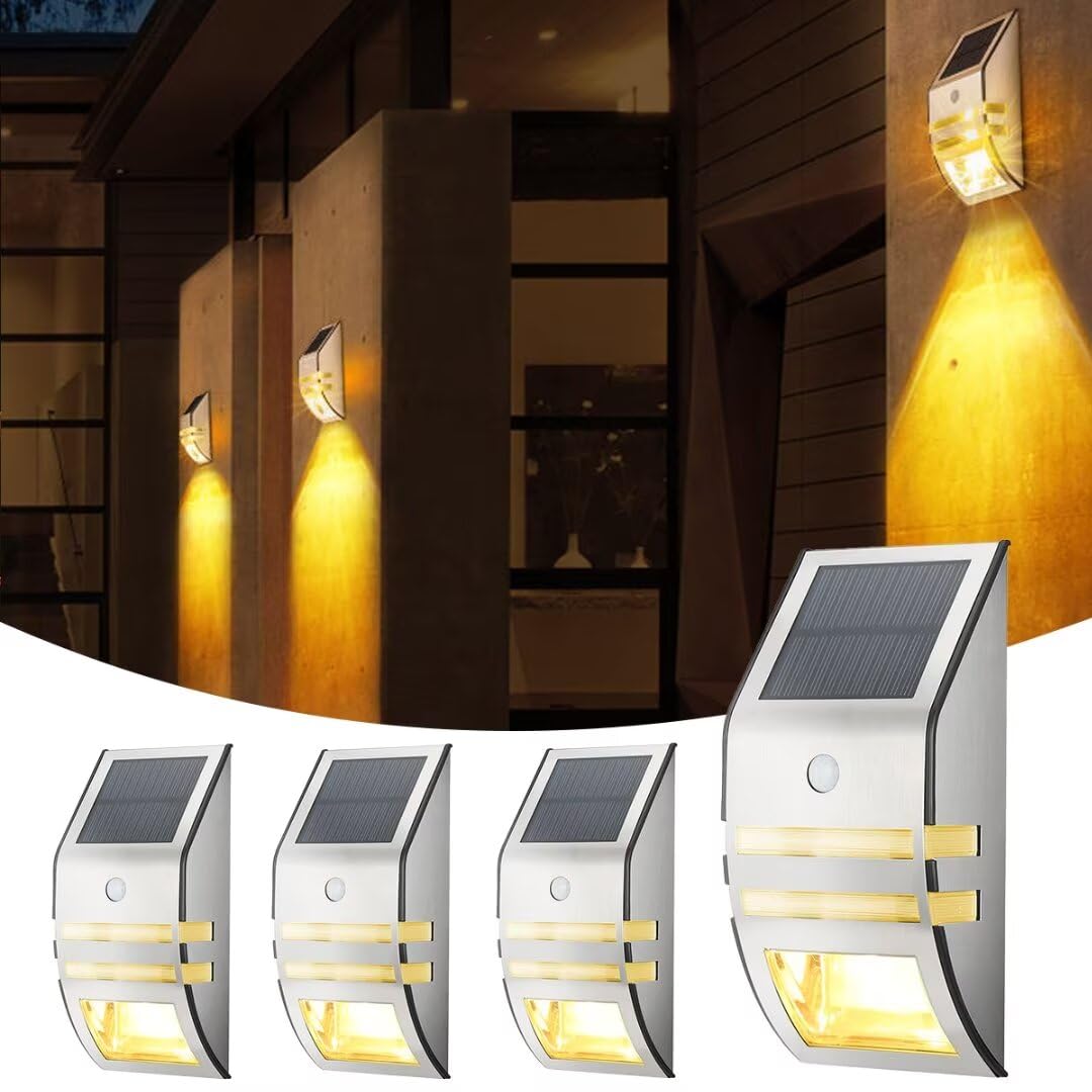 KZT 4 Stück Solarlampen für Außen mit Bewegungsmelder 3000K Warmweiß Solar Wandleuchte Aussen IP65 Wasserdichte Solar Zaunleuchten Aussenleuchte für Garten Weg Hof Gehweg