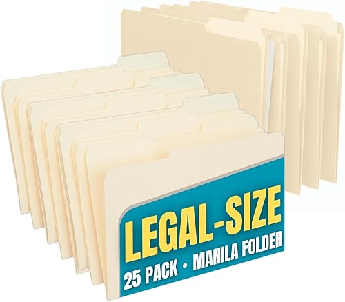 1InTheOffice Carpetas de archivos legales, carpetas de archivos tamaño legal, carpeta de archivos surtidos de 1/3 pestañas, Manila, paquete de 25