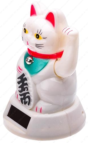 Vista 2 de M.V. Trading Maneki Neko Fortune Cat Lucky Cat blanco funciona con pilas también funciona con energía solar con brazo agitador, 5 pulgadas