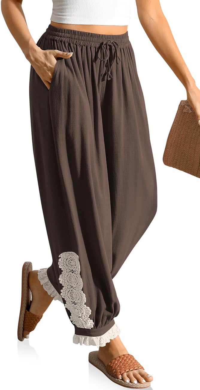 TARSE Women’s Linen Harem Pants Boho Loose with Lace Trim Casual Vintage Lantern Summer Travel Cropped Pants