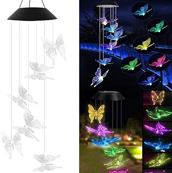 Tvoip Color Changing LED Solar Power Lamp Butterfly Wind Chimes Garden Decoration Yard Waterproof LED Light Lighting Hanging Decor Butterfly