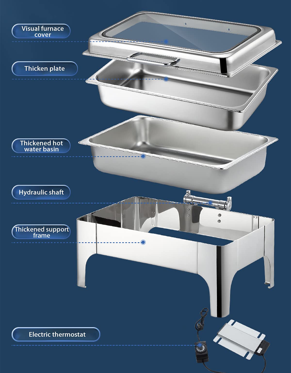 Scaldavivande Buffet Elettrico Chafing Dish Acciaio Inox, 9L Commerciale Scalda Cibo per Buffet con Coperchio in Vetro Trasparente e Clip per Pasti, Manopola Regolazione Temperatura (30-80°)