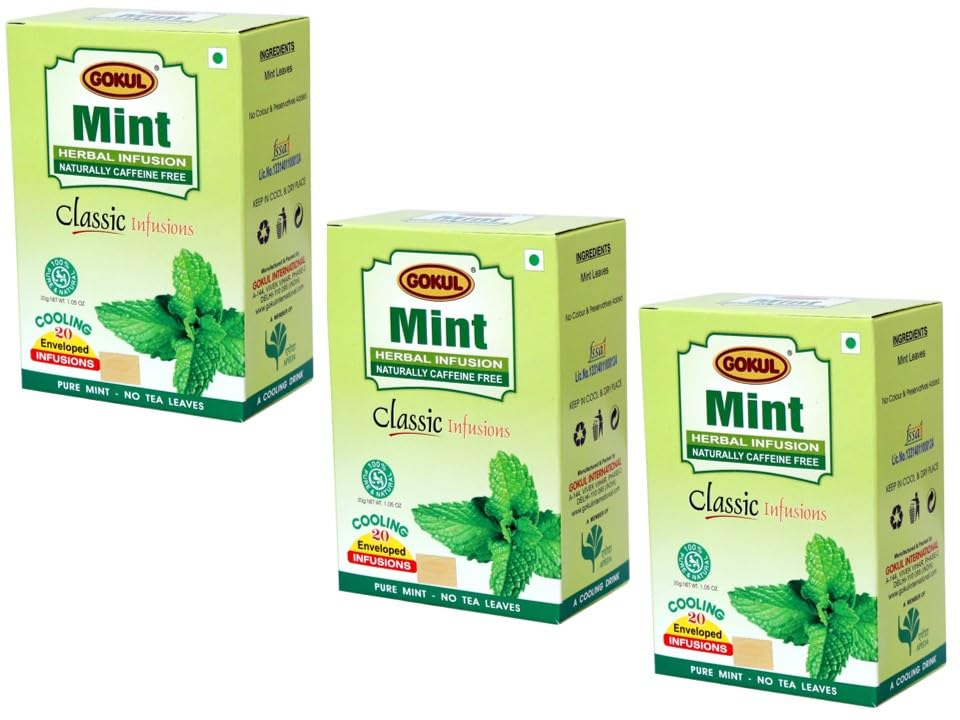 Gokul Mint Herbal Infusion-30g Each (Pack of 3) | Refreshing Caffeine-Free Detox & Digestion Blend | Antioxidant-Rich Wellness Infusion | Natural Dried Mint | 20 Envelopes Herbal Infusion Bag