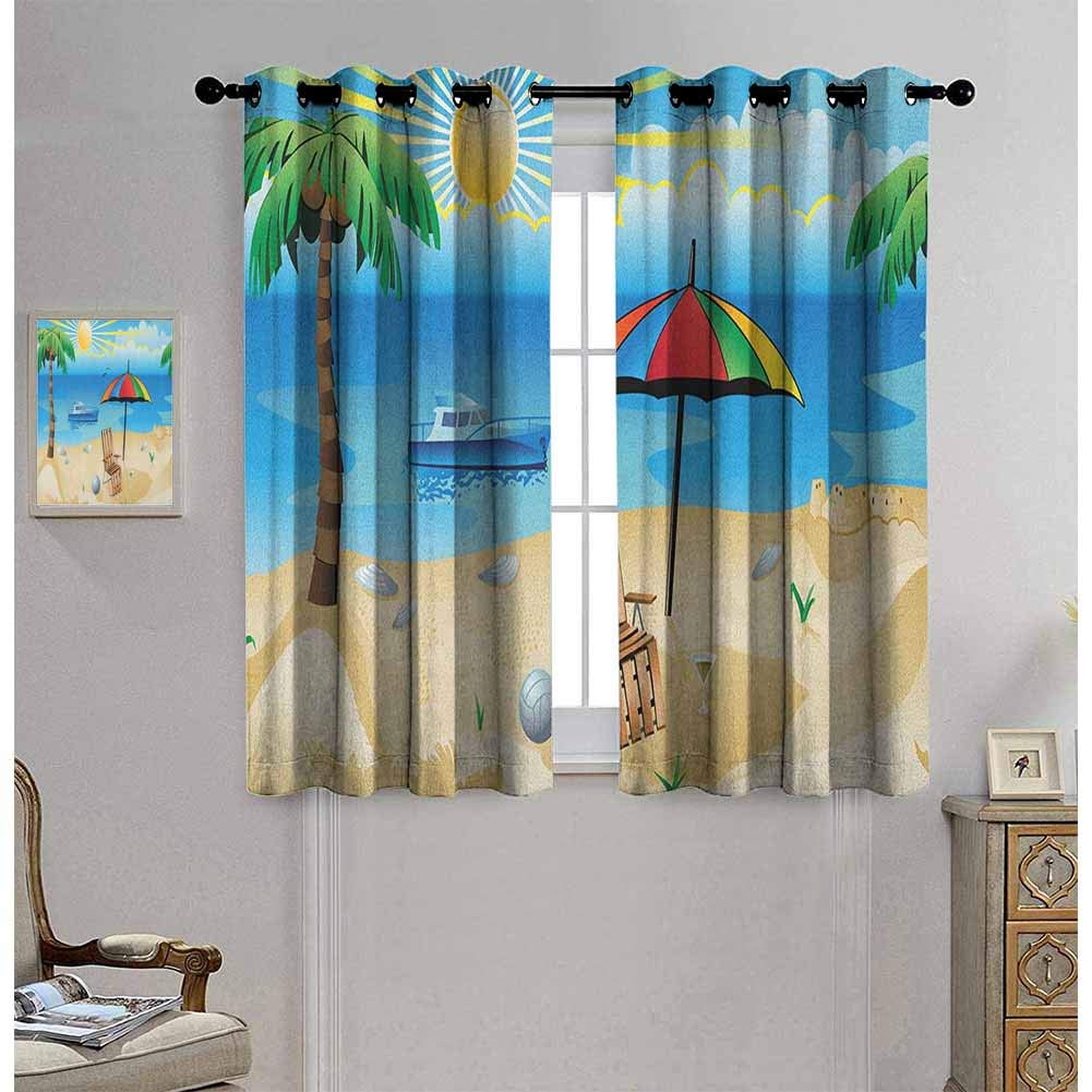 Ahuimin Beach Rod Pocket Blackout Curtains, Colorful Cartoon Style Coast Pattern Boat Rainbow Umbrella Open Skyline Palm Tree, Room Darkening Curtain for Living Room, W55 x L63 inch, Multicolor