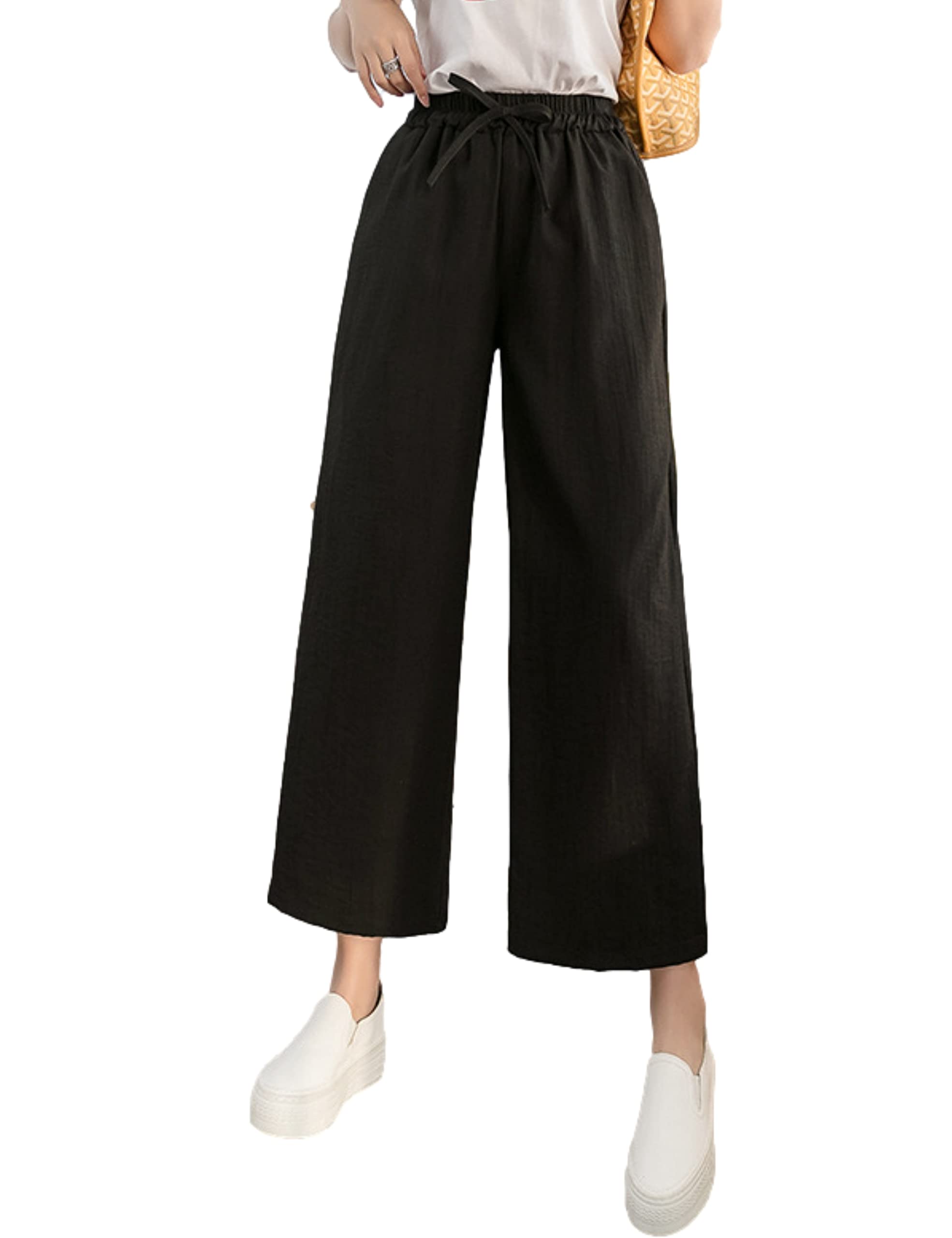 Womens Casual Cropped Pants Elastic Drawstring High Waist Wide Leg Work Pants with Pockets