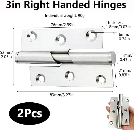 1Pair Gate Hinges 75mm/3-inch Stainless Steel Rising Butt Door Hinges Lift-Off Design for Internal & External Door Cabinets Rust-Resistant Hinges Small Hinges for Wood Cabinets 2Pack (Right Handed)