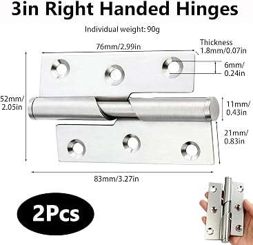 1Pair Gate Hinges 75mm/3-inch Stainless Steel Rising Butt Door Hinges Lift-Off Design for Internal & External Door Cabinets Rust-Resistant Hinges Small Hinges for Wood Cabinets 2Pack (Right Handed)