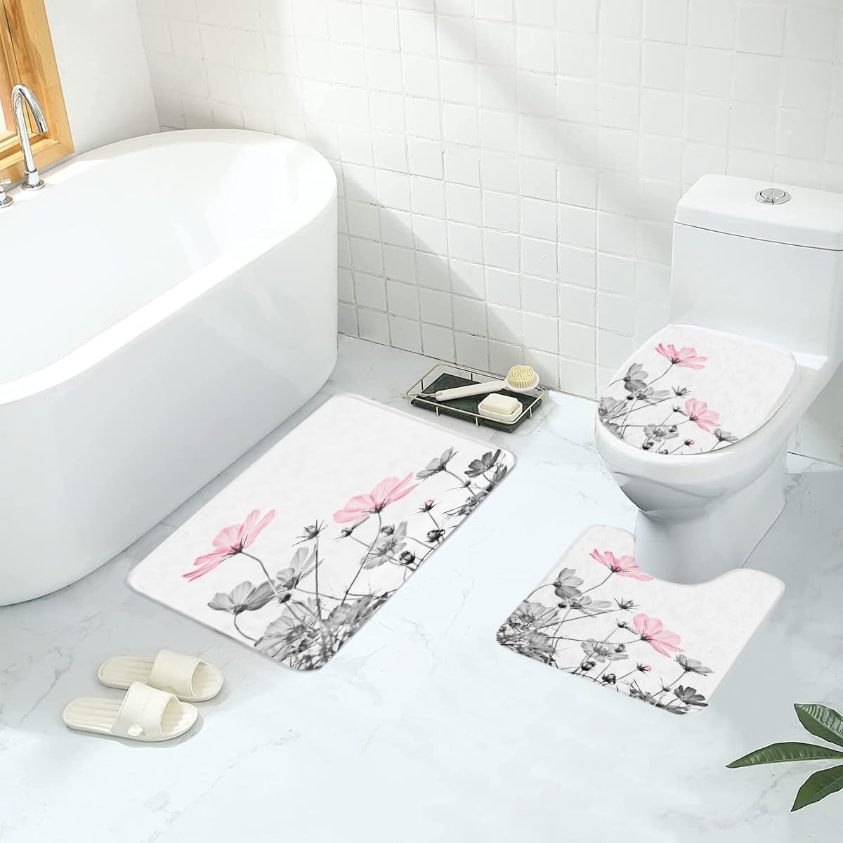 Pink Gray Shower Curtain Set 4Pcs Daisy Floral Spring Grey Flower White Background Wildflower Botanical Bathroom Decor Toilet Lid Cover U Shaped Mat Non-Slip Rug Fabric Polyester 60x72 Inch