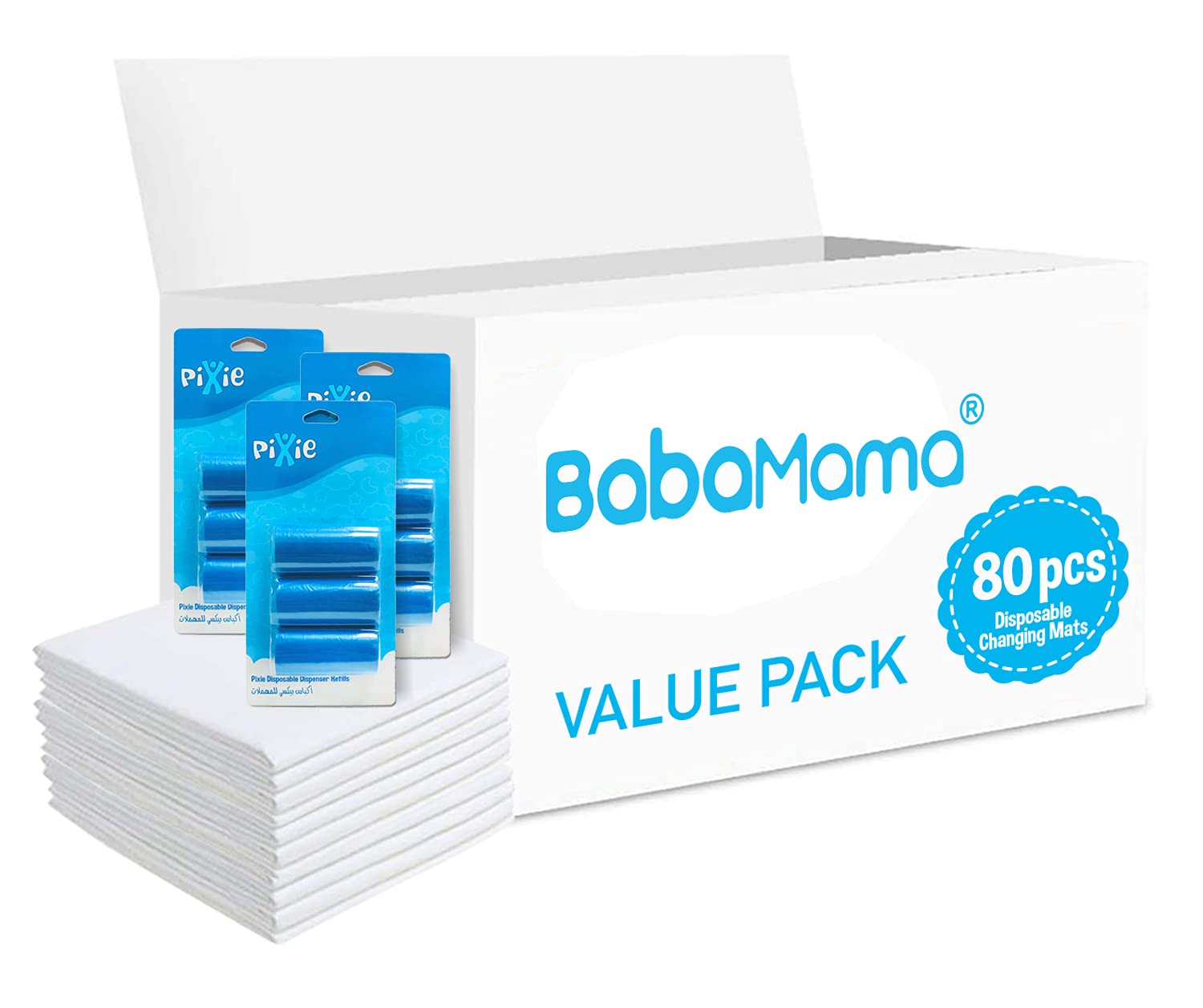 Changing Mat 80 + Pack of 3 Refill BLUE (9 Rolls) 180 Nappy Bags