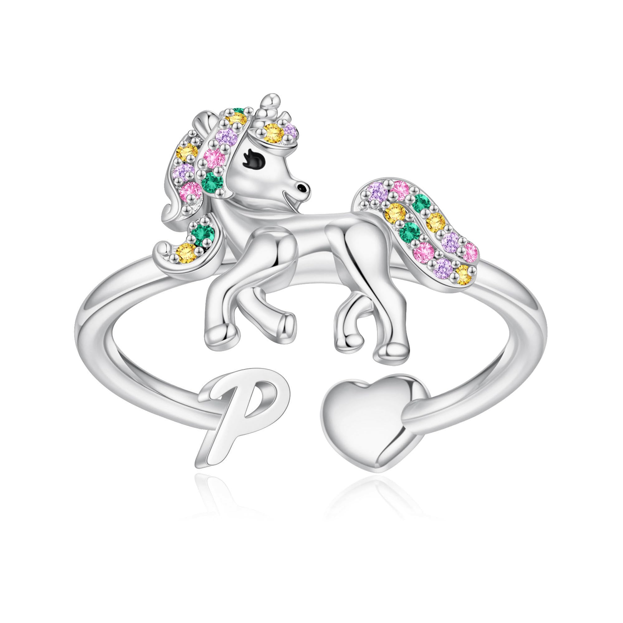 Unicorn Initial Rings for Teen Girls, Rose Gold/White Gold Plated Heart Initial Rings for Girls Adjustable Stackable Rings for Women Diny Heart Ring for Teen Girls Gifts Unicorns Gifts for Girls
